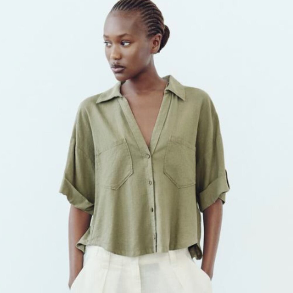 Zara- Linen Blend Short Sleeve Shirt - NWT - S